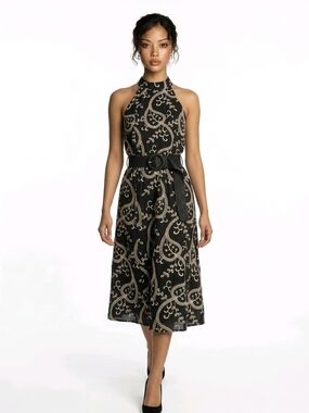 Anne Klein Black Midi Dress with Cream Paisley Motif and Belt